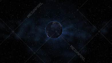 Sunrise view from space on Planet Earth and Sun. World rotating on its axis, Milky Way star in background. Cities Lights. High det