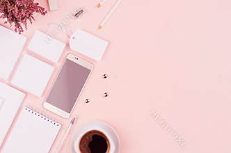 Corporate identity template with white stationery set, heather flowers, coffee, phone on soft pastel pink background.