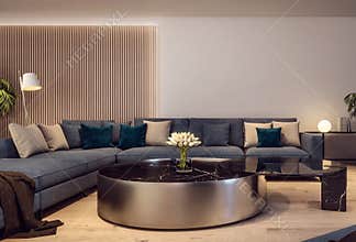 Modern interior design of Italian style living room, night scene