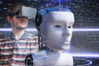 Young scientist is controlling robotic head. Artificial intelligence concept. 3D rendered illustration of a robot