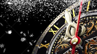 New Year`s at midnight - Old clock with stars snowflakes on black background. 4K