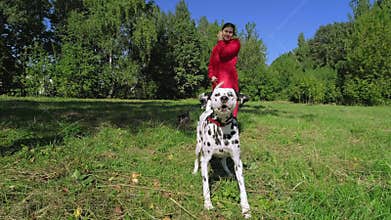 Girl in red cloak walking her dogs in the Park