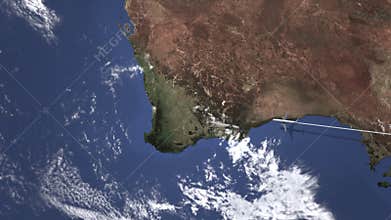 Airliner flying to Perth, Australia from east, 3D animation