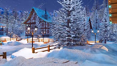 Snowy alpine mountain village at Christmas night