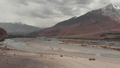 Panj River and Pamir Mountains, Panj Is Upper Part of Amu Darya River. Panoramic View, Tajikistan and Afghanistan Border