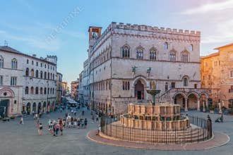 PERUGIA, ITALY - SEPTEMBER 11, 2018: View of the scenic main square (Piazza IV Novembre) and fountain