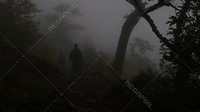 Tourists with backpacks go down the mountain slope through the gloomy foggy forest.