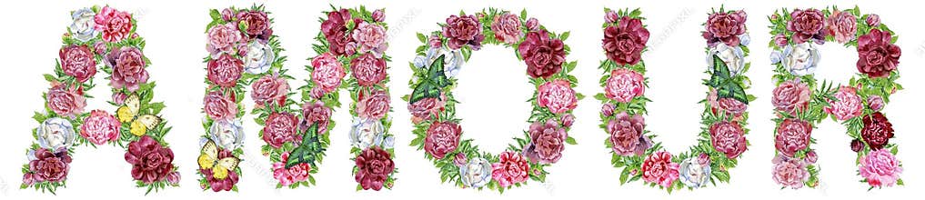 Word AMOUR of watercolor flowers for decoration