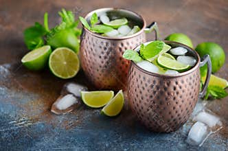Moscow mule cocktail with ginger beer, vodka, lime and mint in a cooper mugs.