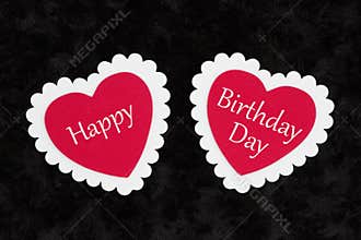 Happy Birthday Day greeting with white and red hearts on black