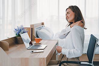 Young women neck and shoulder pain injury with red highlights on pain area, healthcare and medical concept