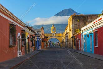 Antigua City at Sunrise with Agua Volcano, Guatemala
