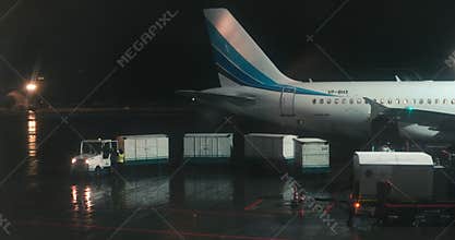 Moscow Russia, 03 March 2019: Ground crew preparing airliner in Domodedovo Airport. View at rer part of plane