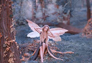 Charming fairy woke up in forest, sweetly smacks after sleeping, cue girl with blond hair, eyes closed in long green