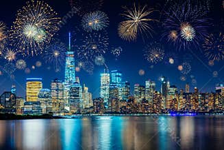 Fireworks celebrating New Years Eve in New York City, NY, USA