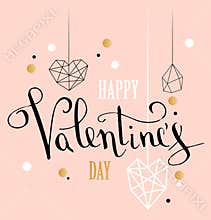 Happy valentines day love greeting card with white low poly style heart shape in golden glitter background