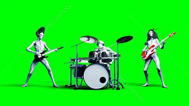 Funny alien rock band. Bass, drum, guitar. Realistic motion and skin shaders. 4K green screen footage.