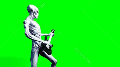 Funny alien plays on electric guitar. Realistic motion and skin shaders. 4K green screen footage.