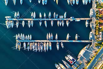 Aerial view of amazing boats at sunset in Marmaris, Turkey