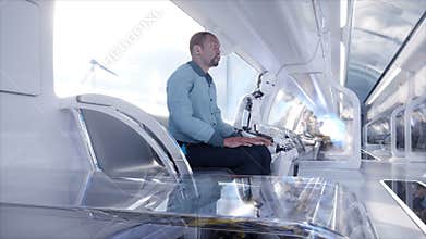People and robots. Futuristic monorail transport. Concept of future. Realistic 4K animation.