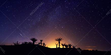 Morocco Sahara desert starry night sky over the oasis. Travelling to Morocco. Glow over the palm trees of the oasis. Billions