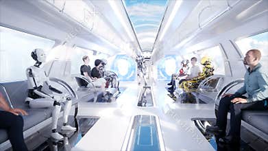 People and robots. Futuristic monorail transport. Concept of future. Realistic 4K animation.
