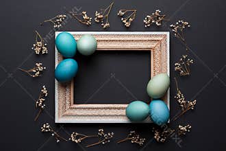 Happy Easter rustic background with copy space. DIY dyed various shades of blue Easter eggs and vintage wooden picture frame.