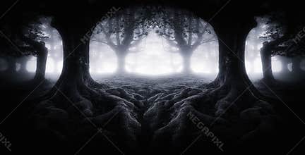 Scary dark forest with tree roots