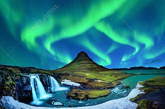 Northern Light, Aurora borealis at Kirkjufell in Iceland. Kirkjufell mountains in winter