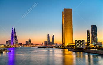 Skyline of Manama at sunset. The Kingdom of Bahrain