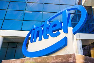 Intel sign located in front of the entrance to the offices and museum located in Silicon Valley