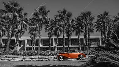 Artistic image of old red retro car, Black and white, vintage.