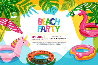 Swimming pool frame with flamingo and unicorn float kids toys. Beach party vector summer poster, banner design template.