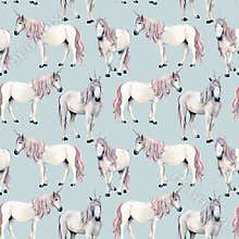 Watercolor unicorn seamless pattern. Hand painted fairy tale white horses isolated on plue background. Magic wallpaper