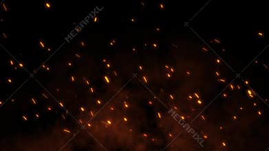 Burning red hot sparks fly away from large fire in the night sky