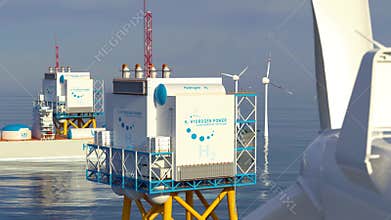 Hydrogen renewable energy production - hydrogen gas for clean electricity solar and windturbine facility. 3d rendering