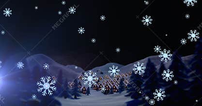 Animation of snow falling over village, trees and mountains at christmas