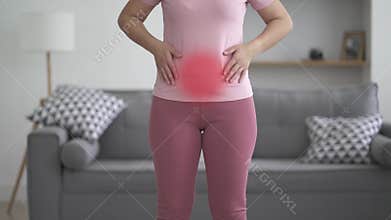 Menstrual pain, woman with stomachache suffering at home