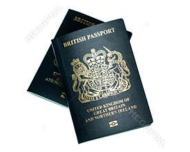 New post Brexit blue United Kingdom passport laying against a white background