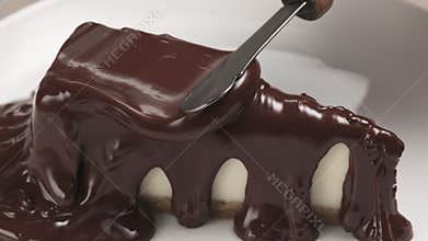 Slow motion of spreading melted dark chocolate on piece of cheesecake