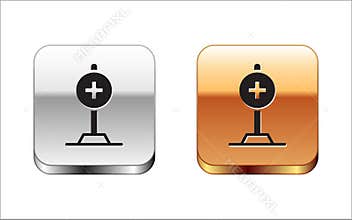 Black Medical map pointer with cross hospital icon isolated on white background. Silver and gold square buttons. Vector
