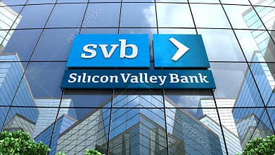 December 2019, Editorial use only, 3D animation, Silicon Valley Bank logo on glass building.