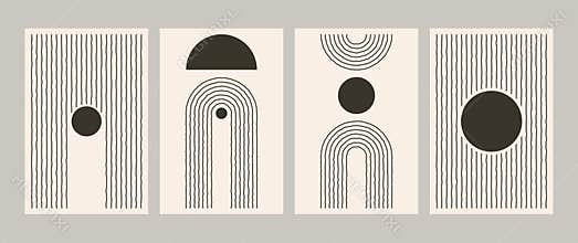 Abstract geometric line poster set. Mid century art print for wall decor minimalist vintage painting 50s style. Vector postcard