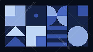 Geometric pattern loop. Circles, squares animation. Modernist abstract background. Bauhaus Design style. Blue, grey.