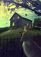 Abandoned haunted house on the hill with ghost