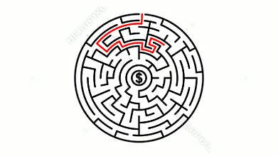Animated red line moves through the maze towards a coin with dollar sign to center of labyrinth. Success in business. Puzzles and