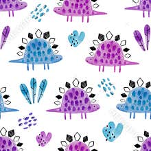 Watercolor hand-drawn colored seamless repeating children pattern with cute dinosaurs and doodles in Scandinavian style