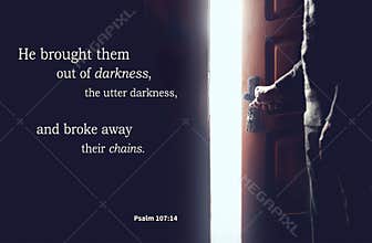 Christian bible verses psalm 107: 14, elderly senior in darkness and light from an open door