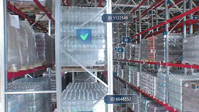 Concept of automation and digitalization of warehouse. Panorama parallel shot of product rows with infographics and