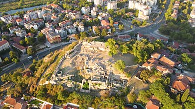 Aerial sunset view of Nebet tepe hill in City of Plovdiv, Bulgaria